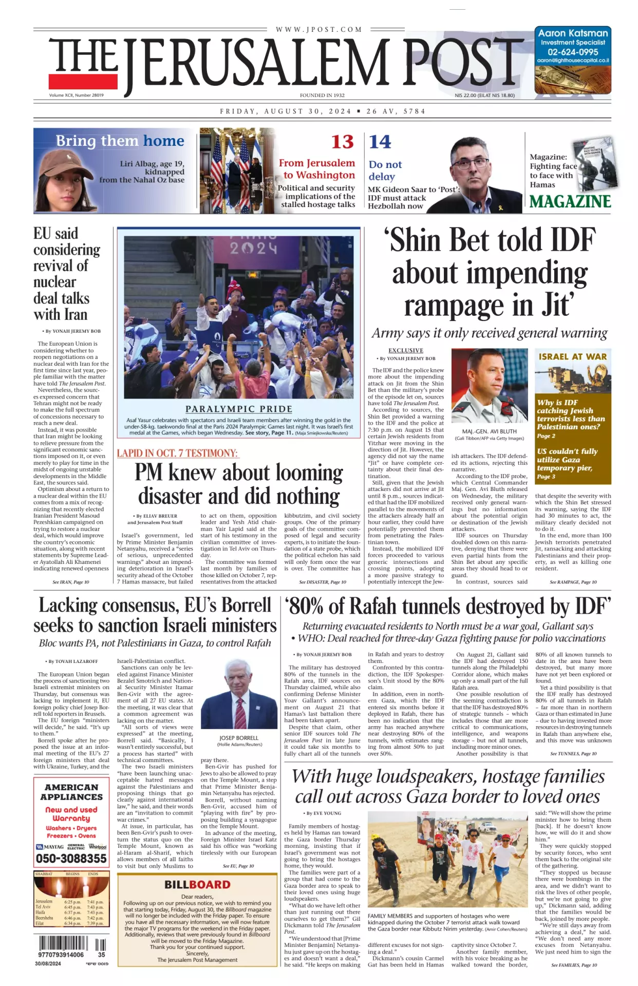 Prima-pagina-the jerusalem post-edizione-di-oggi-30-08-2024